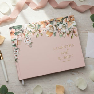 Elegant Peach och Guld Blommigt Bröllop Gästböcker