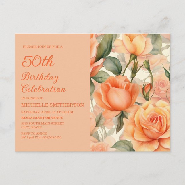 Elegant Peach Orange Blommigt Ro 50 födelsedagar Inbjudan Vykort (Framsida)