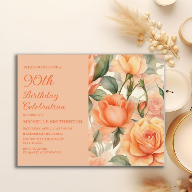 Elegant Peach Orange Blommigt Ro 90:e födelsedag Inbjudan Vykort (Peach roses 90th birthday party postcard invitation)