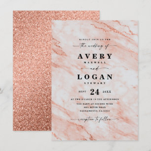 Elegant Peach Orange Marble & Glitter Bröllop Inbjudningar