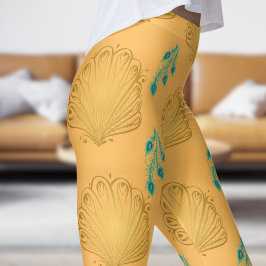 Elegant Peach Peacock Fläkt Mönster Leggings