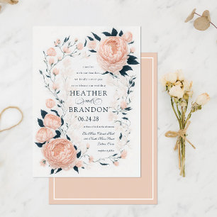 Elegant Peach Peonies Blommigt Vår bröllop Inbjudningar