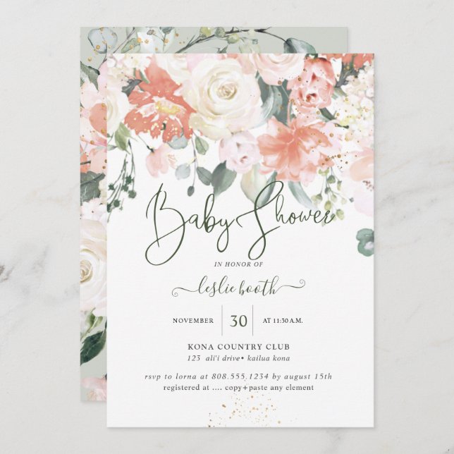 Elegant Peach Peonies Cream Ro Baby Shower Inbjudningar (Fram/baksida)
