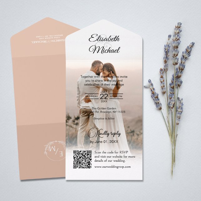Elegant Peach QR-kodfoto Bröllop (All-in-one wedding invitation with QR code to RSVP - Simplify and save time for you and your guests.)