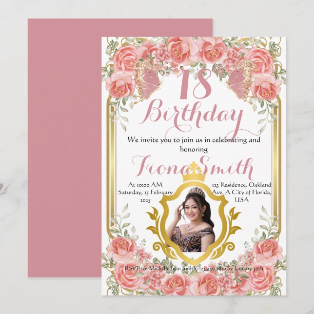 Elegant Peach Ro Blommigt Birthday Call bil Inbjudningar (Fram/baksida)