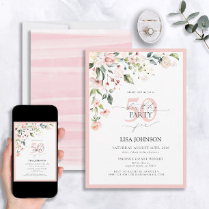Elegant Peach Rosa Blommigt Script 50:e födelsedag Inbjudningar