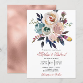 Elegant Peach Rosa Blue Blommigt Bröllopsinbjudan Inbjudningar