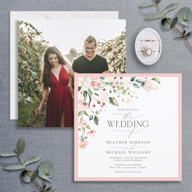 Elegant Peach Rosa Watercolor Blommigt Bröllop Pho Inbjudningar (Skapare uppladdad)