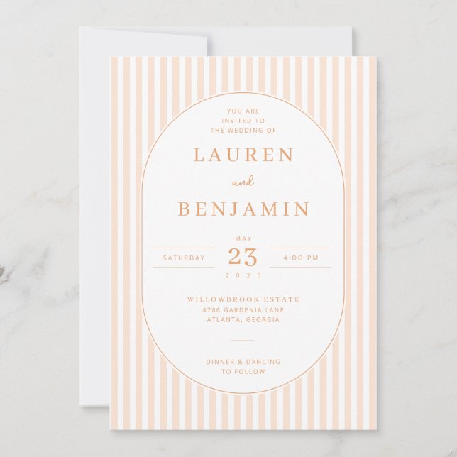 Elegant Peach Striped Wedding Invitation Inbjudningar (Framsida)