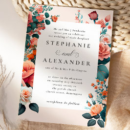 Elegant Peach & Teal Blommigt Formellt Bröllop Inbjudningar