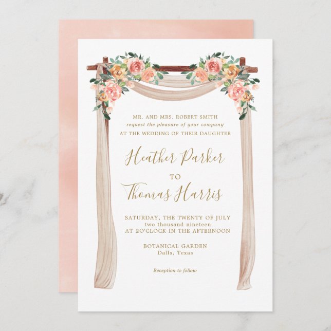 Elegant Peach Watercolor Blommigt Arch Bröllop Inbjudningar (Fram/baksida)