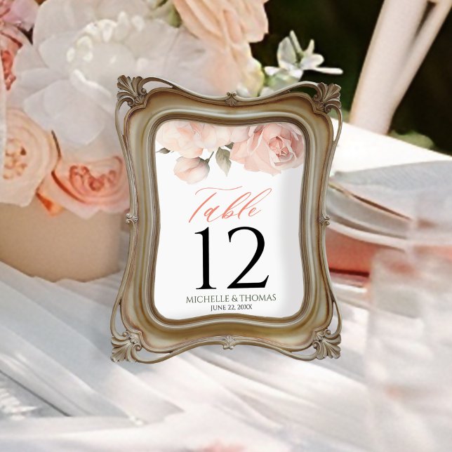 Elegant  Peach Watercolor Blommigt Bröllop Bordsnummer (Skapare uppladdad)