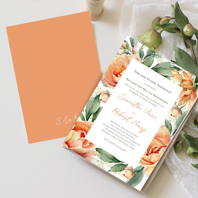 Elegant Peach Watercolor Blommigt Bröllop Inbjudningar (Peach floral elegant invitation)