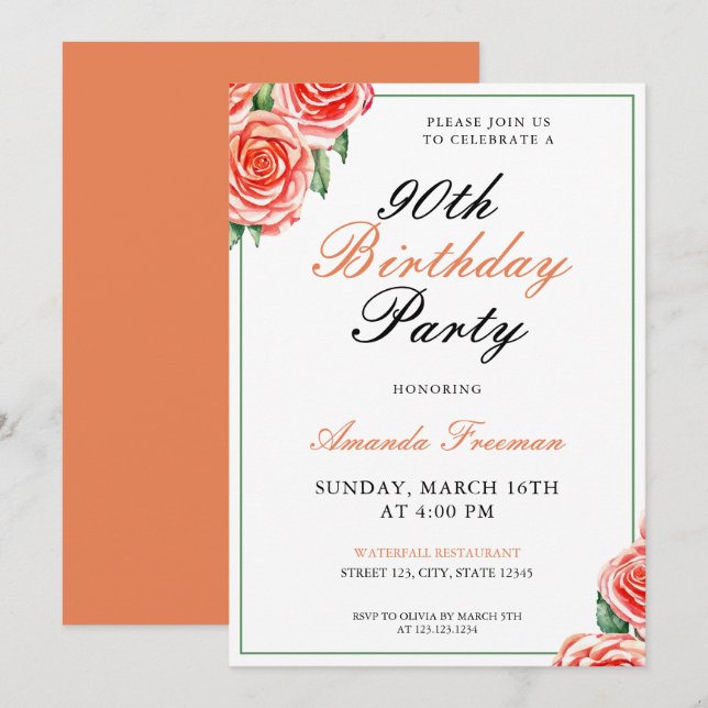Elegant Peach Watercolor Ro 90:e Birthday Inbjudningar (Fram/baksida)