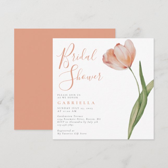 Elegant  Peach Watercolor Tulip-Möhippa Inbjudningar (Fram/baksida)