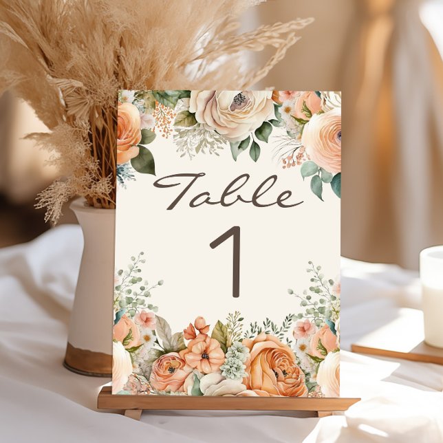 Elegant Peach White Blommigt Eucalyptus Bröllop Bordsnummer (Elegant peach and cream-colored watercolor floral wedding table number)