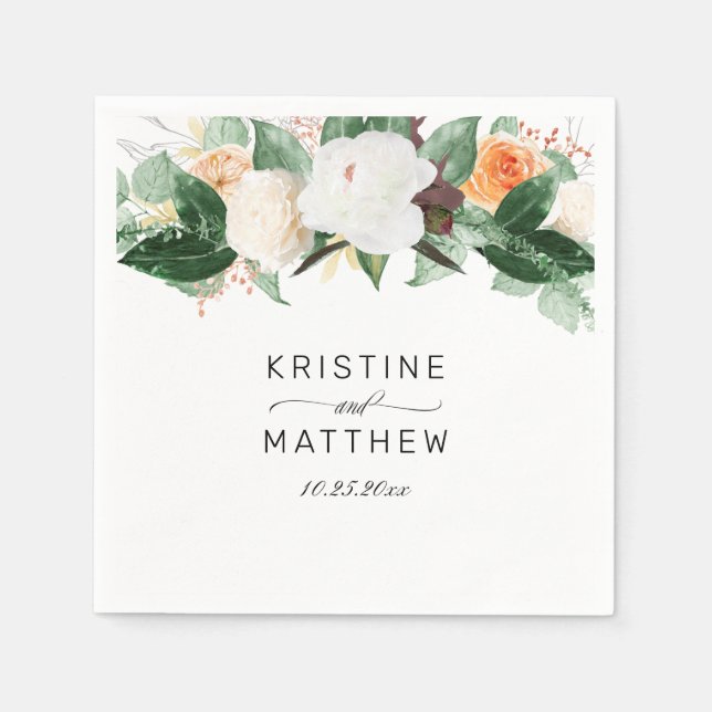 Elegant Peach Whte Watercolor Blommigt Fall Weddin Pappersservett (Framsidan)
