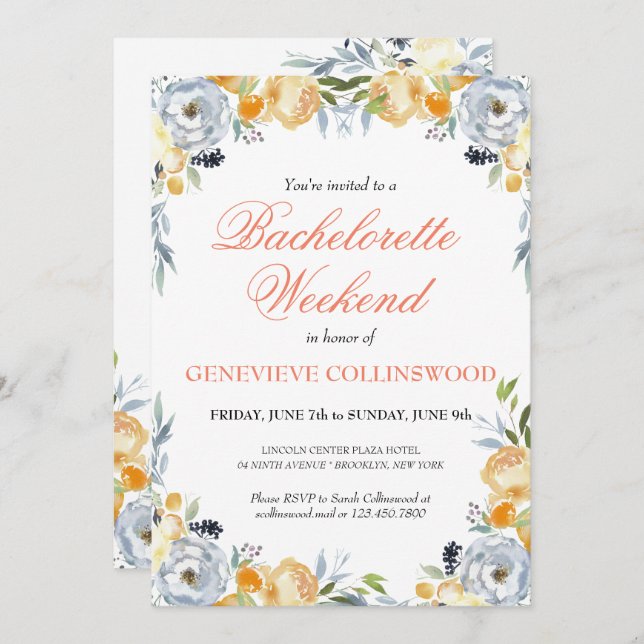 Elegant PeachFloral Bachelorette Helg Itinerary Inbjudningar (Fram/baksida)