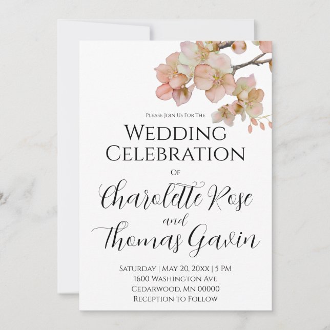 Elegant peachy rosa vattencolor blommigt bröllop inbjudningar (Framsida)