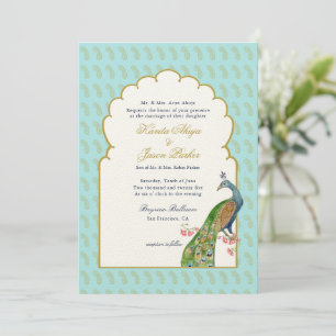 Elegant Peacock Aqua & guld Indiska Bröllop Inbjudningar