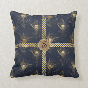 Elegant Peacock Blue Monogram Bling Glam Kudde