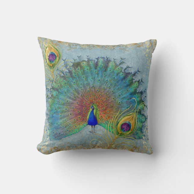 Elegant Peacock Blue Teal Gold Foil Rococo Rulla Kudde (Framsida)