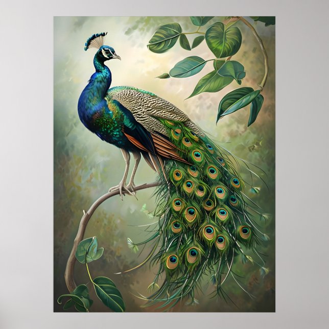 Elegant Peacock Botanical Wall Art-utskrift Poster (Framsidan)