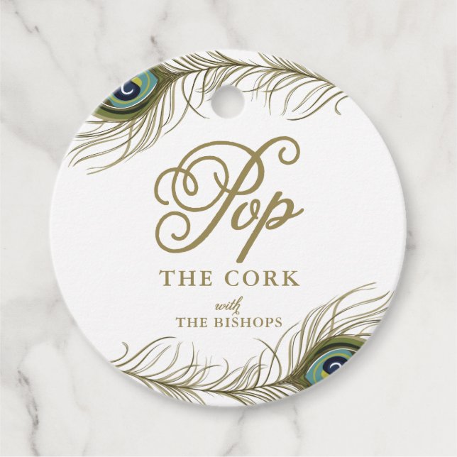 Elegant Peacock Feather Baby Shower Champagne Gåvor Etiketter (Framsida)
