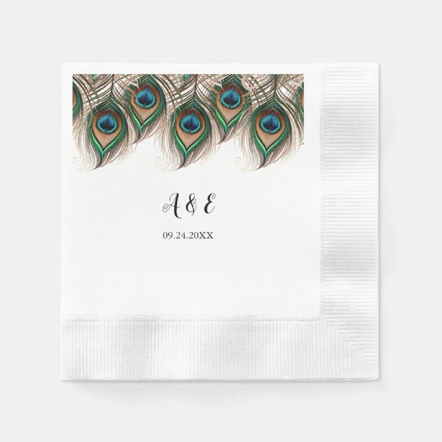 Elegant Peacock Feather Bröllop Napkins Pappersservett (Framsidan)