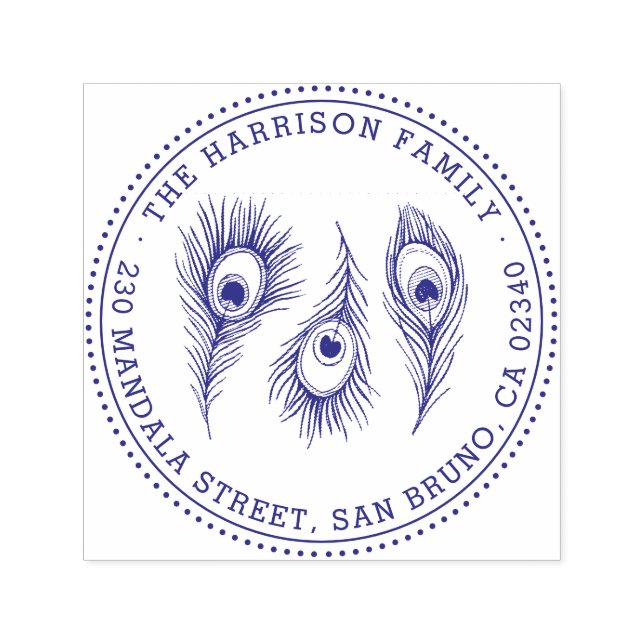 Elegant Peacock Feather Family Namn Returadress Självfärgande Stämpel (Design)