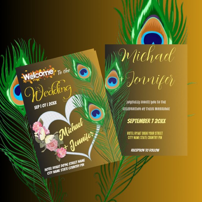 Elegant Peacock Feather & Ro Personligt bröllp Inbjudningar (Skapare uppladdad)