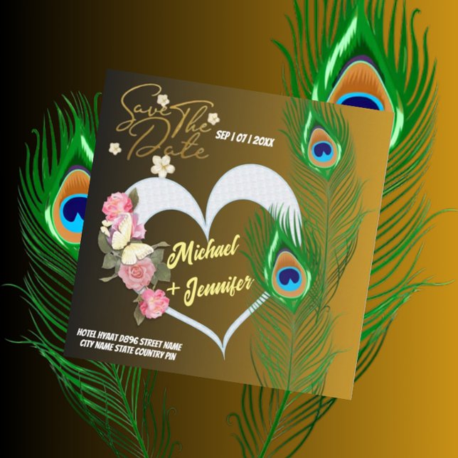 Elegant Peacock Feather & Ro Personligt bröllp Spara Datumet (Skapare uppladdad)
