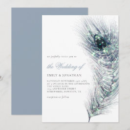 Elegant Peacock Feather Teal Blue Script Bröllop Inbjudningar