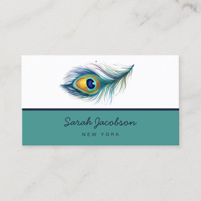 Elegant Peacock Feather Teal Visitkort (Framsida)