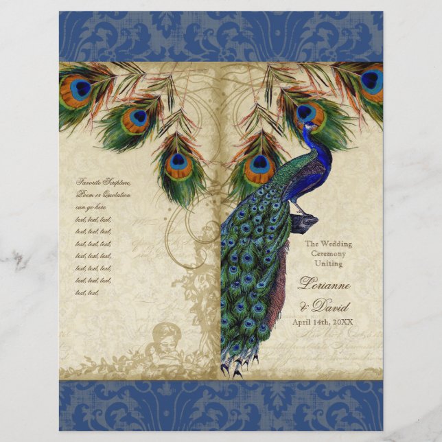 Elegant Peacock Feather Vintage bröllop-programmet (Framsida)