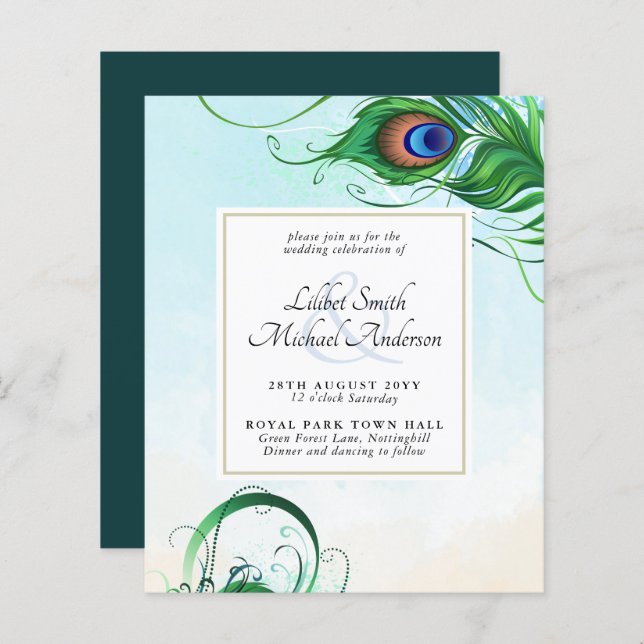 Elegant PEACOCK FEATHER Wedding BUDGET (Fram/baksida)
