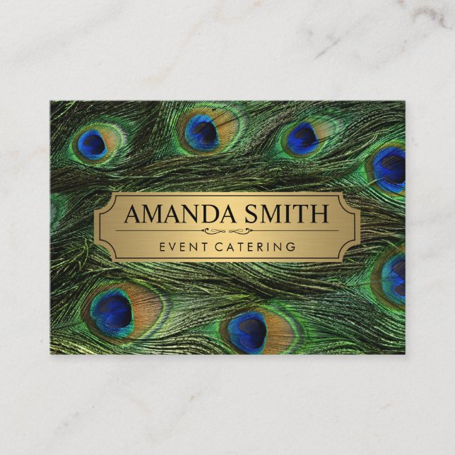 Elegant Peacock Feathers Faux Metallic Guld Visitkort (Framsida)