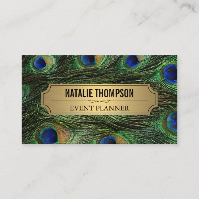Elegant Peacock Feathers Faux Metallic Guld Visitkort (Framsida)