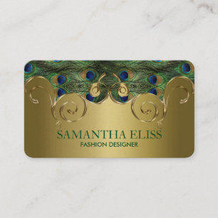 Elegant Peacock Feathers Golden Design Monogram Visitkort