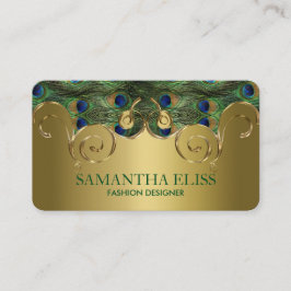 Elegant Peacock Feathers Golden Design Monogram Visitkort