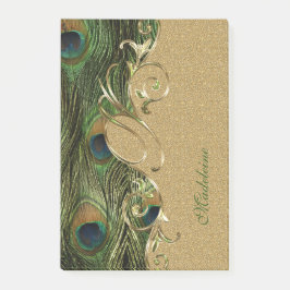 Elegant Peacock Feathers Guld Ornament Monogram Post-it Block