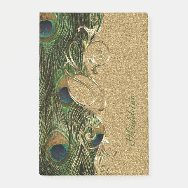 Elegant Peacock Feathers Guld Ornament Monogram Post-it Block (Framsida)