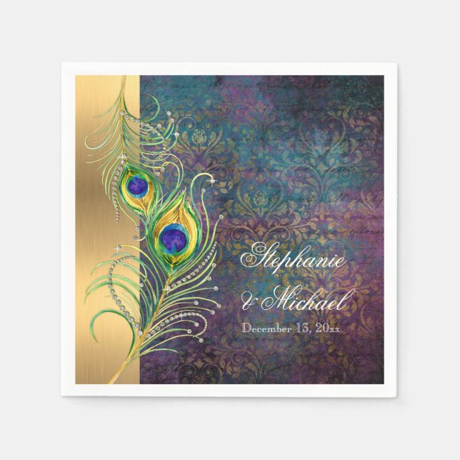 Elegant Peacock Feathers Jewel Scrolls Bröllop Pappersservett (Framsidan)