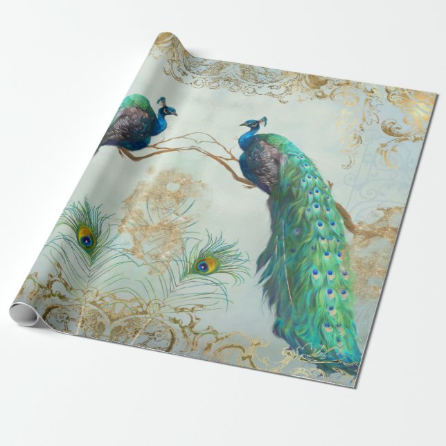 Elegant Peacock Feathers Pair Blue Guld Decoupage Presentpapper (Utrullad)