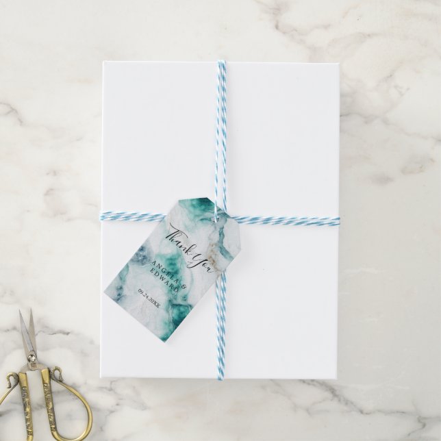 Elegant Peacock Grönt Marble Bröllop Gift Märkres Presentetikett (Med Snöre)