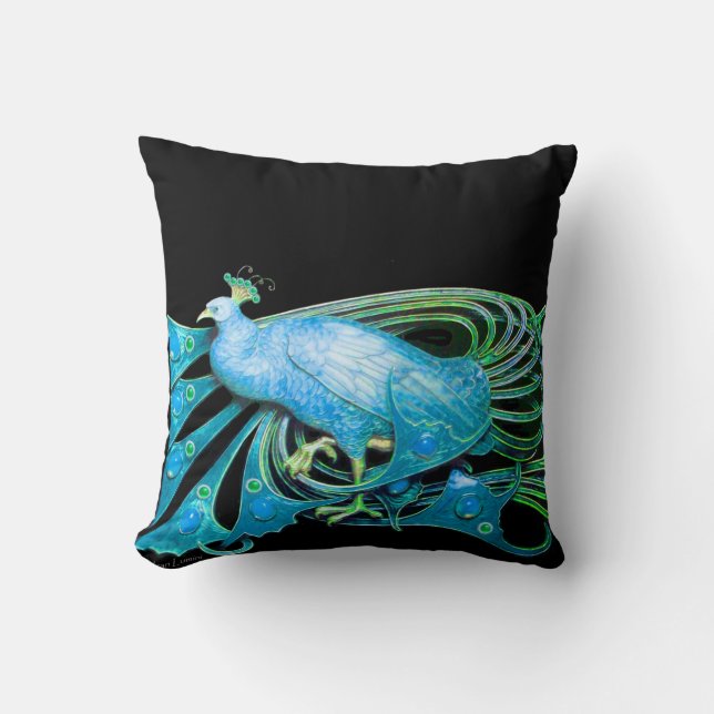 ELEGANT PEACOCK I AQUA BLUE Teal Black Kudde (Framsida)