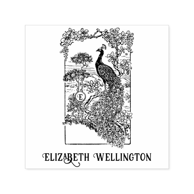 Elegant Peacock i Garden Namn Initial Självfärgande Stämpel (Design)