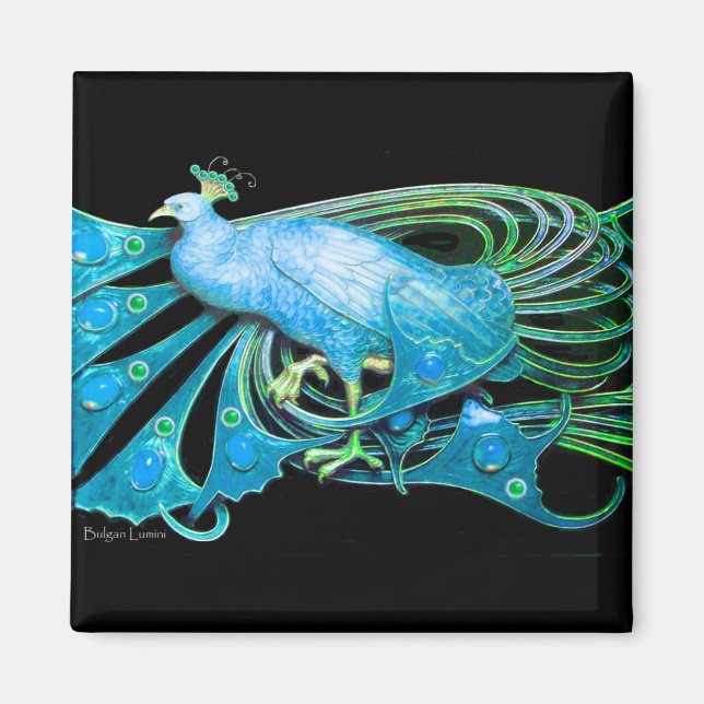ELEGANT PEACOCK I GRÖNT AV VATTENBLUE TEAL,SVART MAGNET (Framsidan)