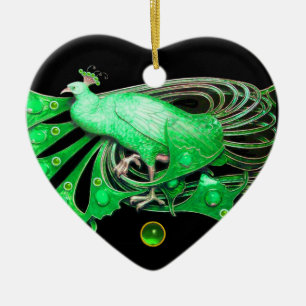 ELEGANT PEACOCK I GRÖNT EMERALD HEART JULGRANSPRYDNAD KERAMIK
