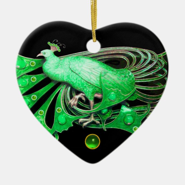 ELEGANT PEACOCK I GRÖNT EMERALD HEART JULGRANSPRYDNAD KERAMIK (Framsidan)